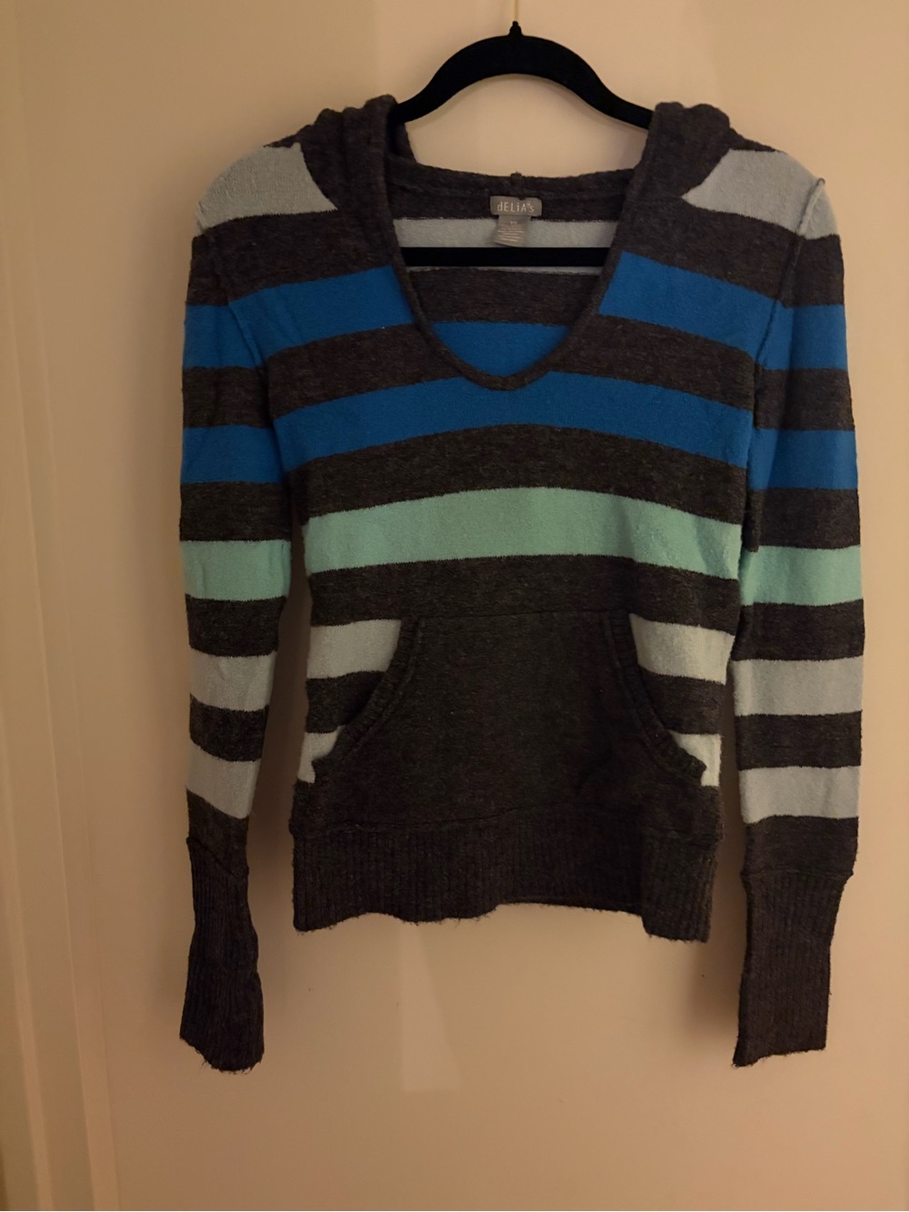 dELiA*s Striped Hooded Sweater in Charcoal, Blue, Mint, Light Gray